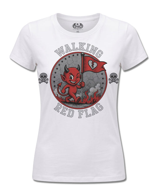 Spiral Red Flag design, front view on White F776, Rock Off Retail official merch