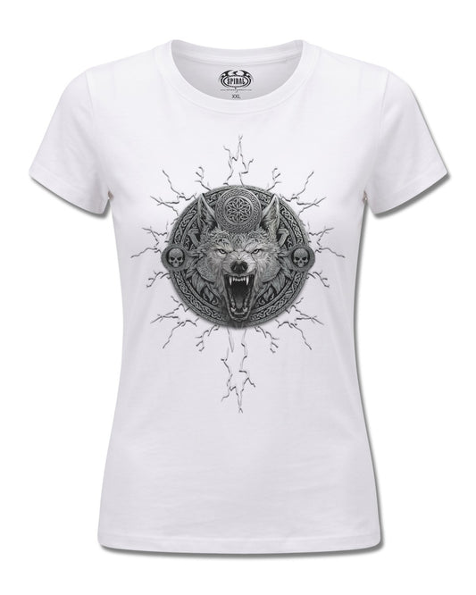 Spiral Valhalla design, front view on White F776, Rock Off Retail official merch