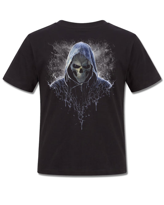 Spiral Reaping In The Rain design, back view on Black K101, Rock Off Retail official merch