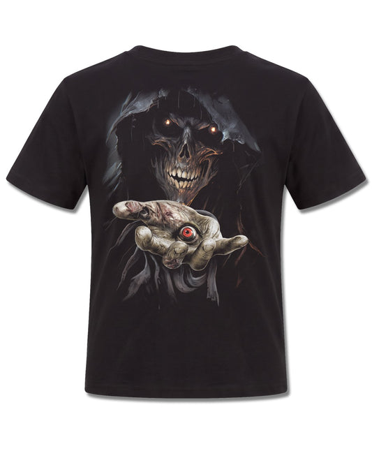 Spiral Evil Eye design, back view on Black K101, Rock Off Retail official merch