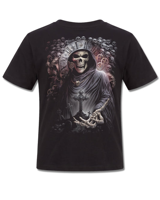 Spiral Reaper Time design, back view on Black K101, Rock Off Retail official merch