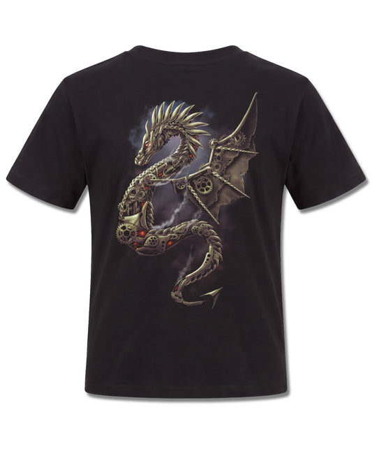 Spiral Dragon Cogs design, back view on Black K101, Rock Off Retail official merch