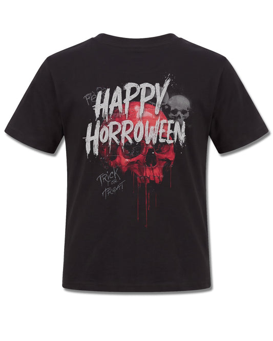 Spiral Happy Horroween design, back view on Black K101, Rock Off Retail official merch