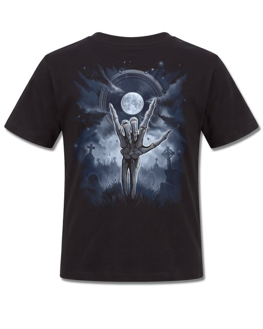 Spiral Grim Rocker design, back view on Black K101, Rock Off Retail official merch