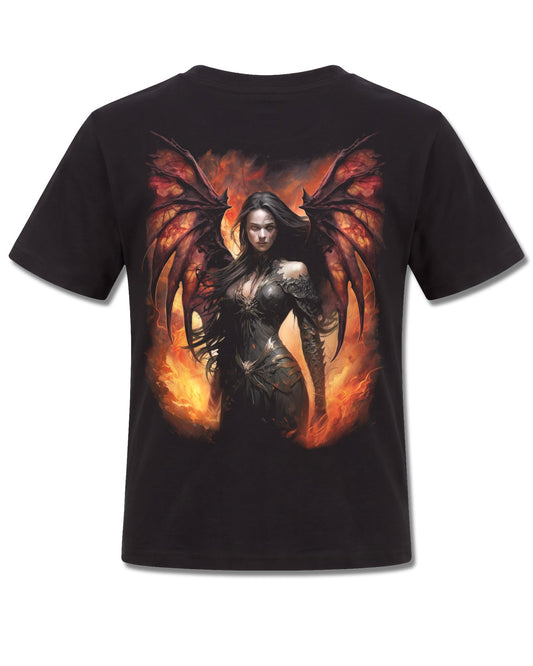 Spiral Draco Queen design, back view on Black K101, Rock Off Retail official merch