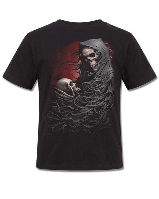 Spiral Death Robe design, back view on Black K101, Rock Off Retail official merch