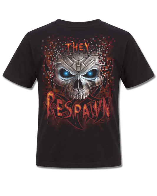 Spiral Respawn design, back view on Black K101, Rock Off Retail official merch