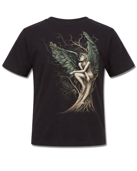 Spiral Woodland Queen design, back view on Black K101, Rock Off Retail official merch
