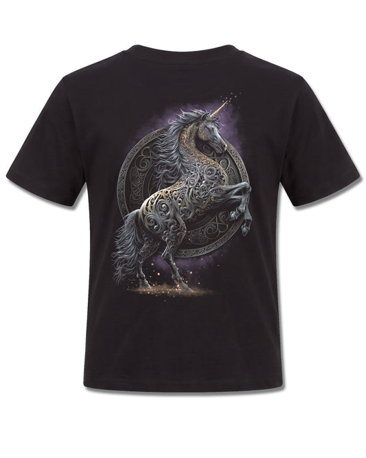 Spiral Celtic Unicorn design, back view on Black K101, Rock Off Retail official merch