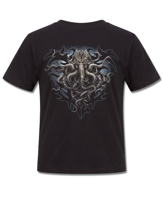 Spiral Cthulhu design, back view on Black K101, Rock Off Retail official merch
