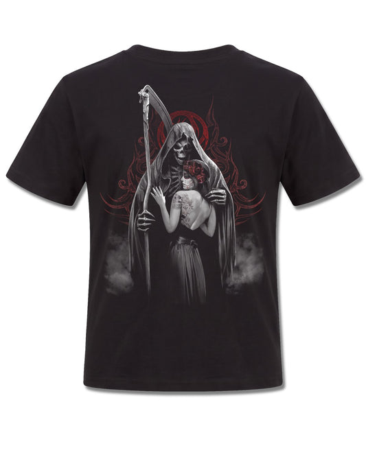Spiral Dead Kiss design, back view on Black K101, Rock Off Retail official merch