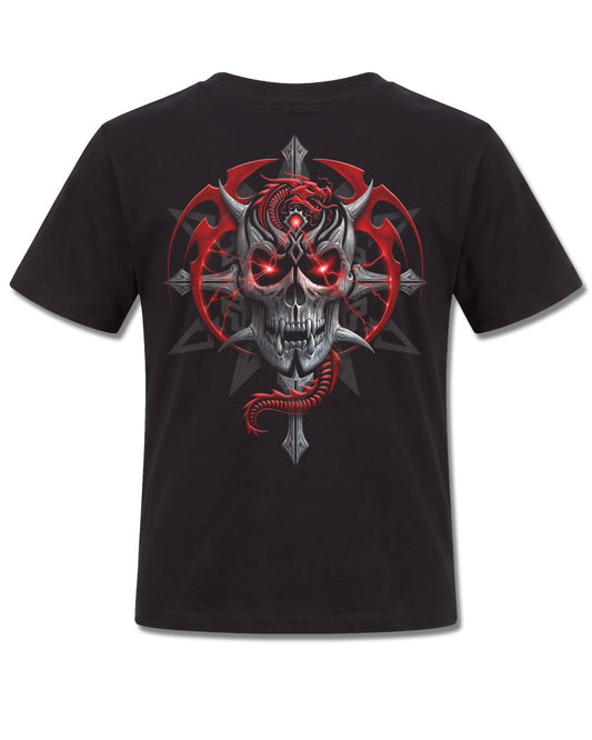 Spiral Aku No design, back view on Black K101, Rock Off Retail official merch