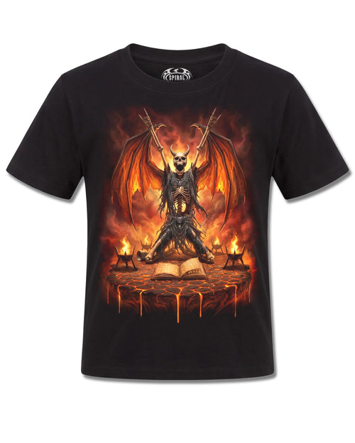 Spiral Skeletal Worship design, front view on Black K101, Rock Off Retail official merch