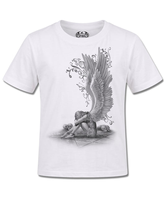 Spiral Enslaved Angel design, front view on White K105, Rock Off Retail official merch