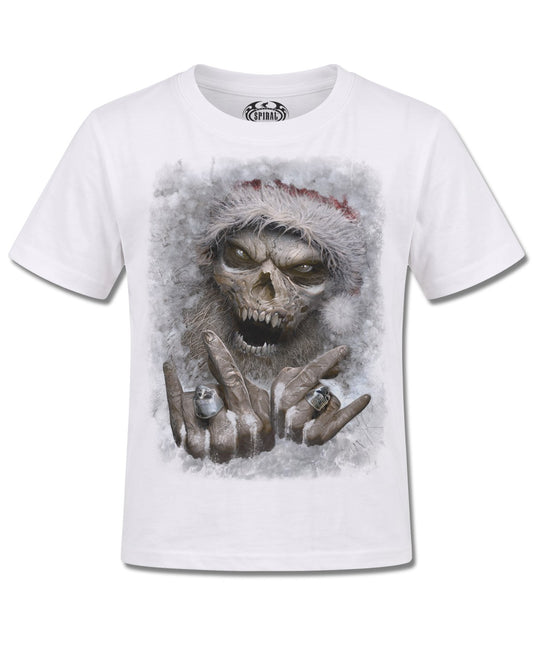 Spiral Rock Santa design, front view on White K105, Rock Off Retail official merch
