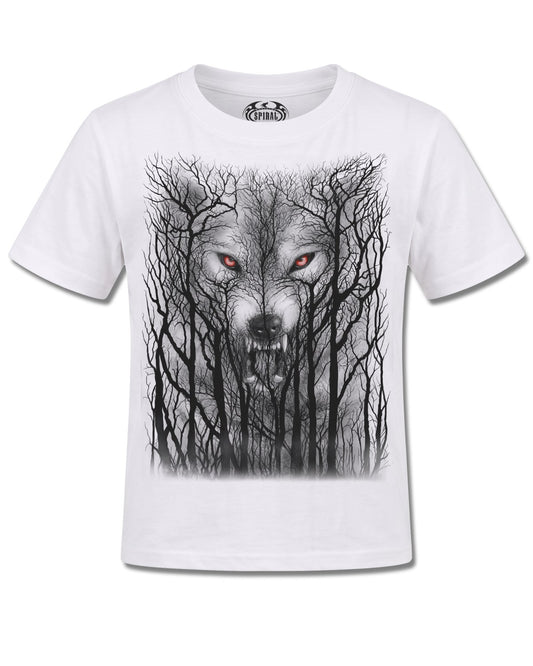 Spiral Forest Wolf design, front view on White K105, Rock Off Retail official merch