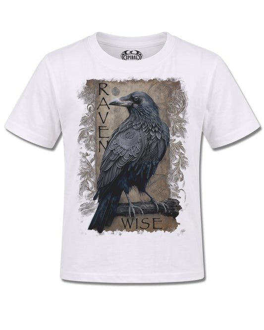 Spiral Raven Wise design, front view on White K105, Rock Off Retail official merch