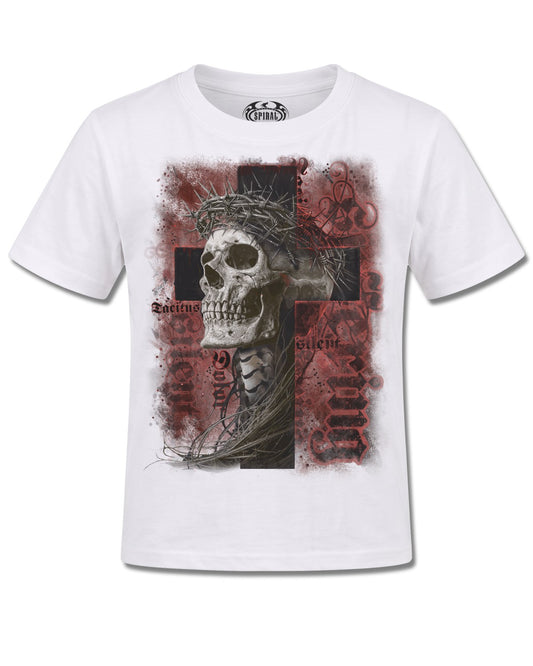 Spiral Silent Suffering design, front view on White K105, Rock Off Retail official merch