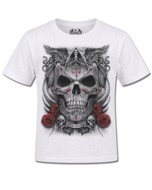 Spiral The Dead design, front view on White K105, Rock Off Retail official merch