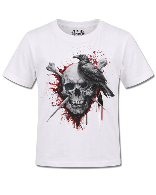 Spiral Death Raven design, front view on White K105, Rock Off Retail official merch