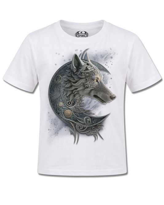 Spiral Celtic Wolf design, front view on White K105, Rock Off Retail official merch
