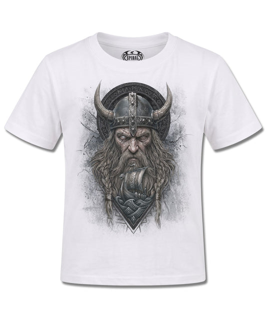 Spiral Viking Norseman design, front view on White K105, Rock Off Retail official merch