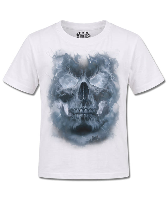 Spiral Grave Skies design, front view on White K105, Rock Off Retail official merch