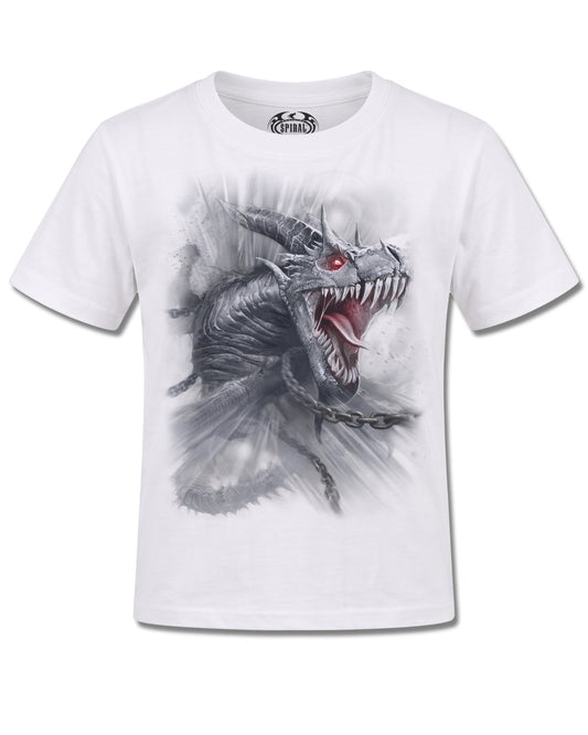 Spiral Dragon's Cry design, front view on White K105, Rock Off Retail official merch