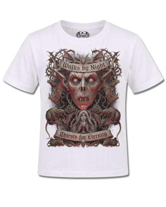 Spiral Walks By Night design, front view on White K106, Rock Off Retail official merch