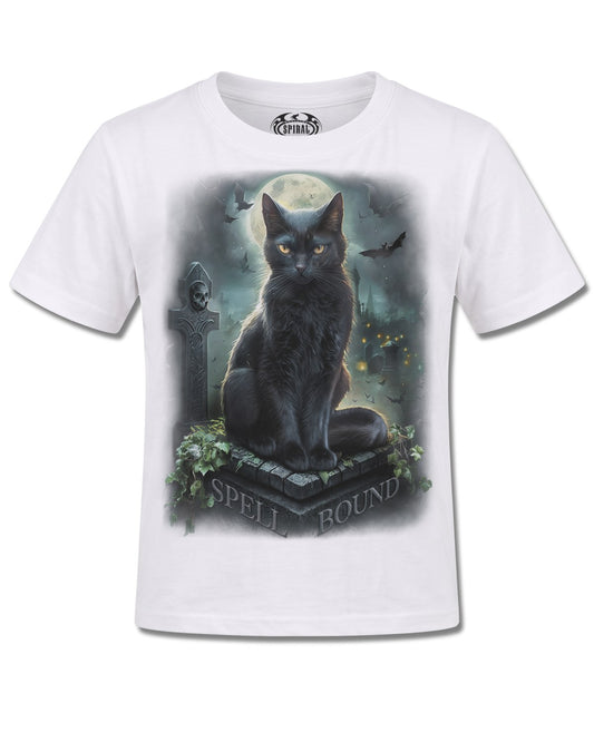 Spiral Spell Bound design, front view on White K106, Rock Off Retail official merch