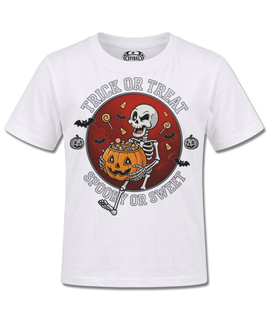 Spiral Spooky Or Sweet design, front view on White K106, Rock Off Retail official merch