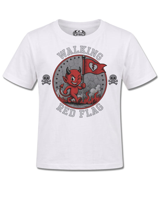 Spiral Red Flag design, front view on White K106, Rock Off Retail official merch