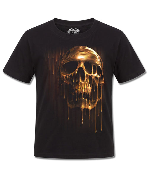 Spiral Dripping Gold design, front view on Black K121, Rock Off Retail official merch