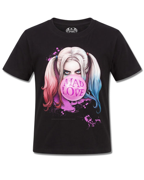 DC Comics Harley Quinn Mad Love (Harley Quinn) design, front view on Black K121, Rock Off Retail official merch