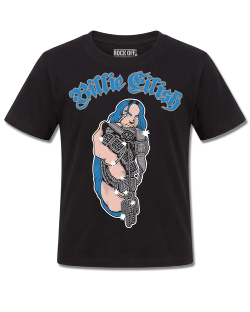 Billie Eilish Bling Glitter Print (Billie Eilish) design, front view on Black K121, Rock Off Retail official merch