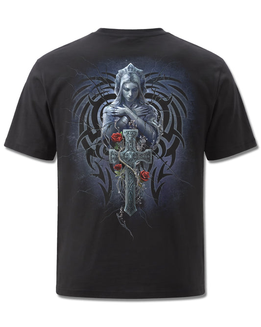 Spiral Grieving Angel design, back view on Black M101, Rock Off Retail official merch