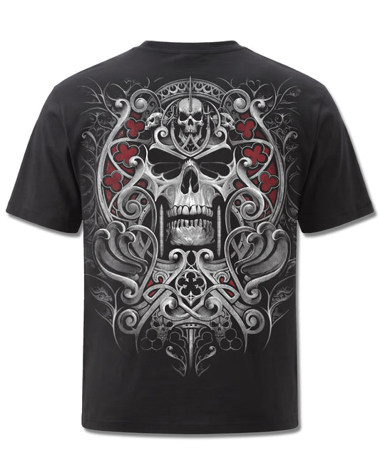 Spiral Reaper's Door design, back view on Black M101, Rock Off Retail official merch