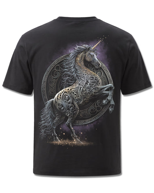 Spiral Celtic Unicorn design, back view on Black M101, Rock Off Retail official merch