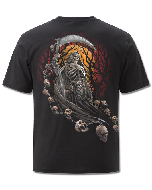 Spiral Harbingers design, back view on Black M101, Rock Off Retail official merch