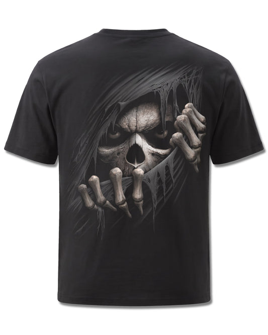 Spiral Grim Ripper design, back view on Black M101, Rock Off Retail official merch