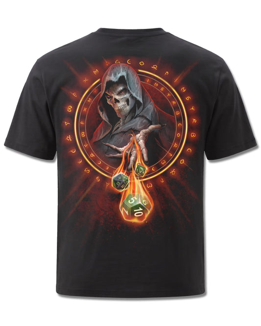 Spiral Dungeon Master design, back view on Black M101, Rock Off Retail official merch