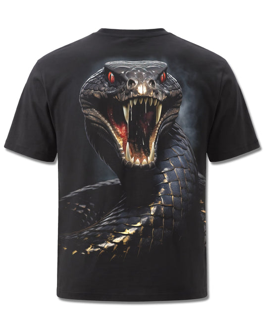 Spiral Basilisk design, back view on Black M101, Rock Off Retail official merch