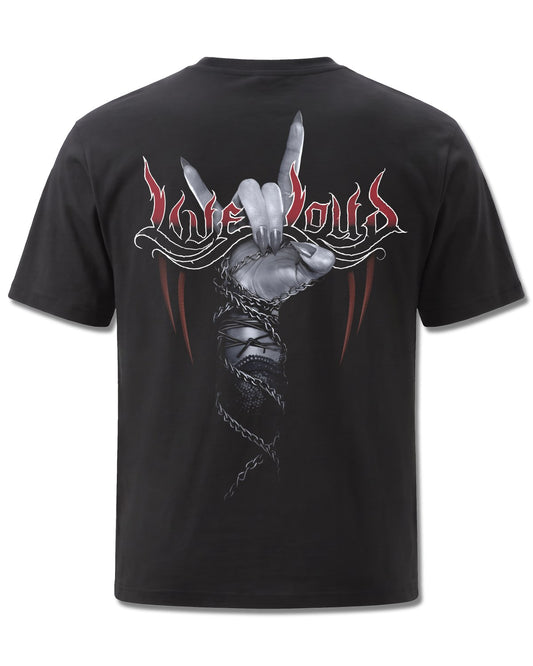 Spiral Rock Loud design, back view on Black M101, Rock Off Retail official merch