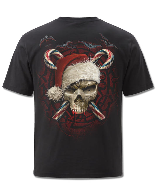 Spiral Candy Cane Santa design, back view on Black M101, Rock Off Retail official merch