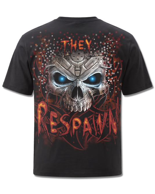 Spiral Respawn design, back view on Black M101, Rock Off Retail official merch