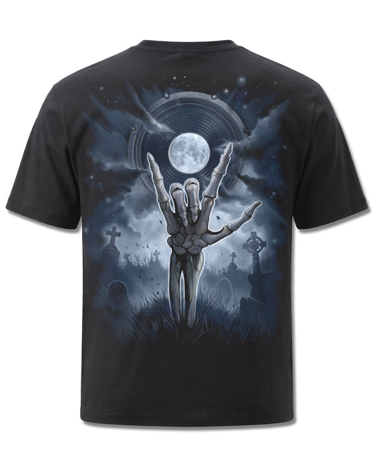 Spiral Grim Rocker design, back view on Black M101, Rock Off Retail official merch