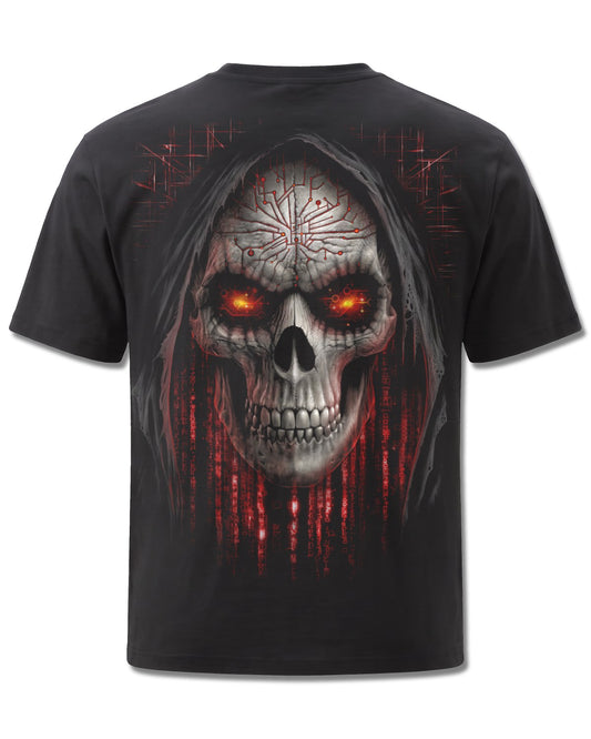 Spiral Cyber Death design, back view on Black M101, Rock Off Retail official merch