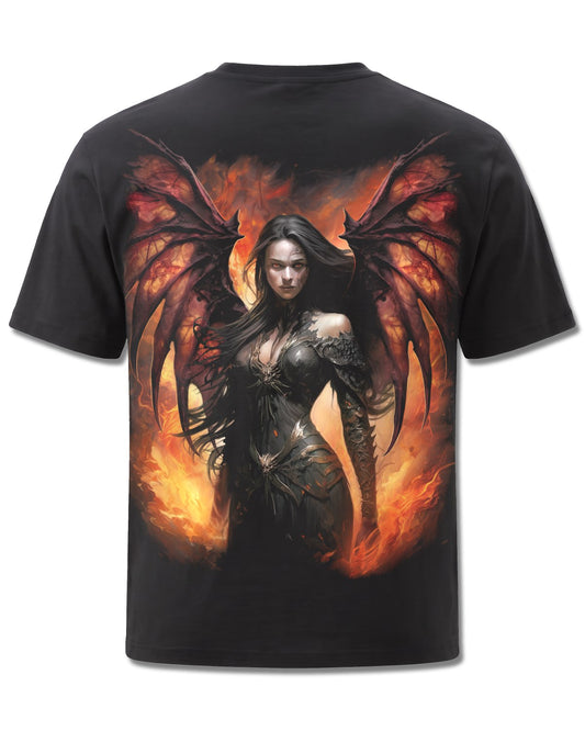Spiral Draco Queen design, back view on Black M101, Rock Off Retail official merch