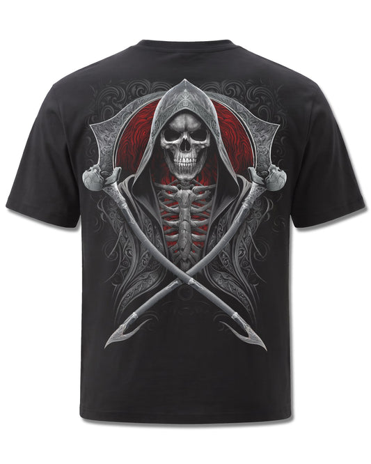 Spiral Reaper's Portal design, back view on Black M101, Rock Off Retail official merch