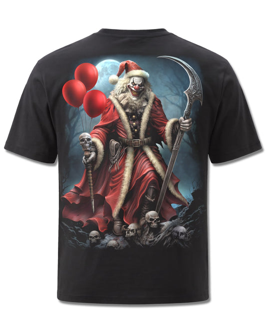 Spiral Santa Clown design, back view on Black M101, Rock Off Retail official merch